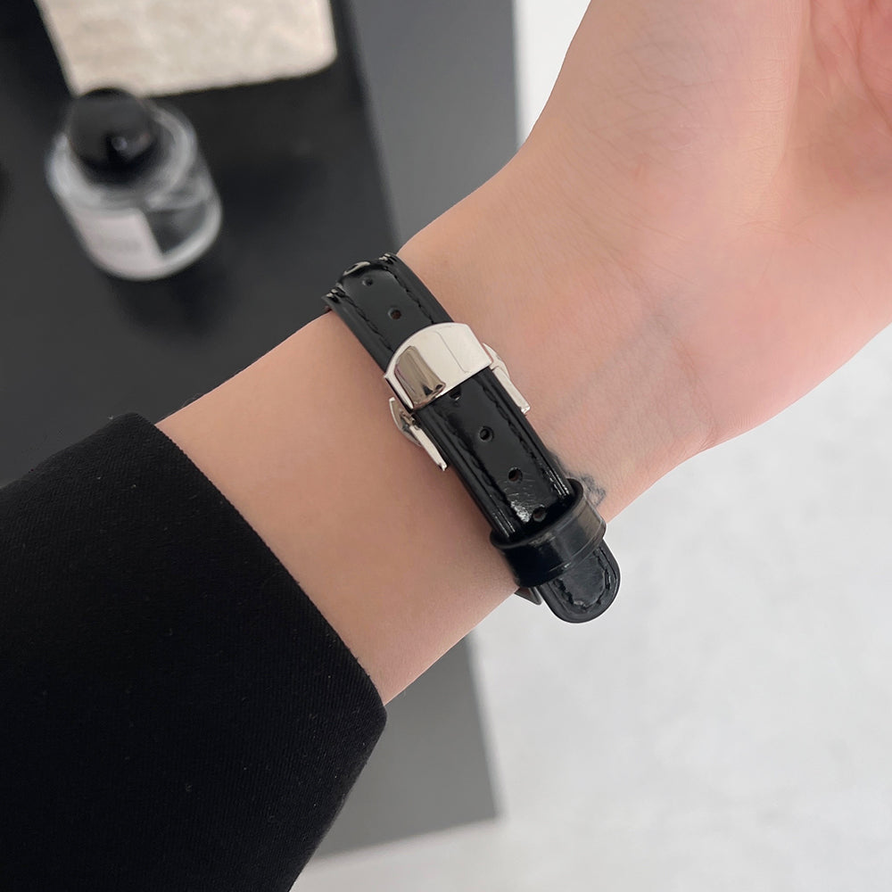 For Apple Watch Series 9 8 7 41mm / SE (2023) SE (2022) SE 6 5 4 40mm / 3 2 1 38mm Rhinestone Decor Strap Genuine Cow Leather Band - Black For Apple Watch Series 9 8 7 41mm / SE (2023) SE (2022) SE 6 5 4 40mm / 3 2 1 38mm Rhinestone Decor Strap Genuine Cow Leather Band - Black